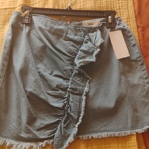 Blue Ruffled Denim Skirt with Ruching in Front And Zip Up Back